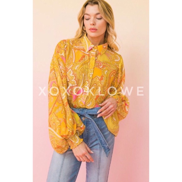 Yellow Button Down Blouse Paisley Print Long Sleeves - Picture 5 of 10